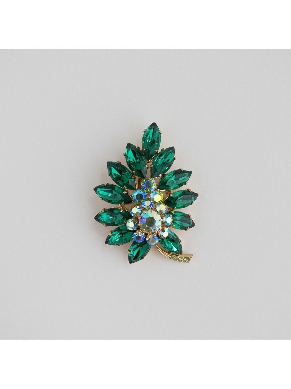 Vintage Floral Leaf Brooch Pin Emerald Green AB Crystal Rhinestone Gold Tone